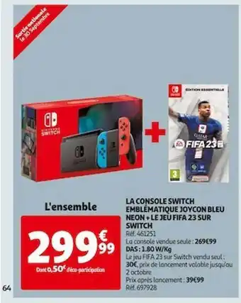 Auchan La console switch emblématique joycon bleu neon + le jeu fifa 23 sur switch offre