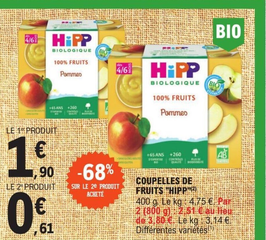 Promo Coupelles de Fruits Hipp chez E.Leclerc