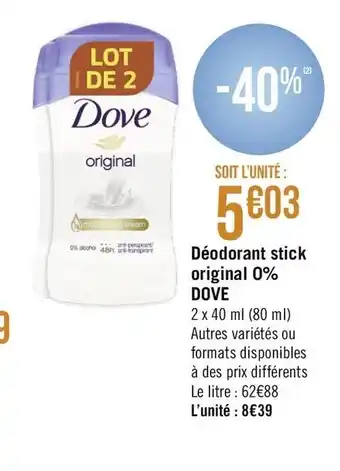 Géant Casino Déodorant stick original 0% Dove offre