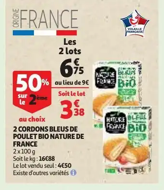 Auchan Supermarché 2 cordons bleus de poulet bio nature de france offre