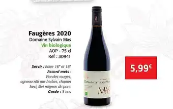 Colruyt Faugères 2020 domaine sylvain mas vin biologique aop offre