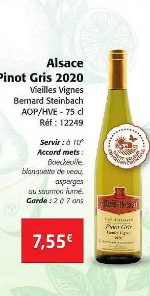Colruyt Alsace pinot gris 2020 vieilles vignes bernard steinbach aop-hve offre