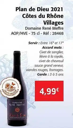 Colruyt Plan de dieu 2021 côtes du rhône villages domaine rené meffre aop-hve offre