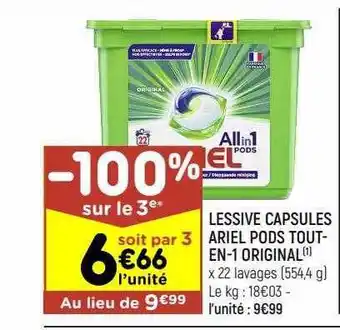 Leader Price Lessive capsules ariel pods tout-en-1 original offre