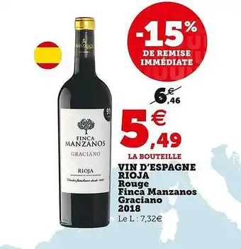 U Express Vin d'espagne rioja rouge finca manzanos graciano 2018 offre