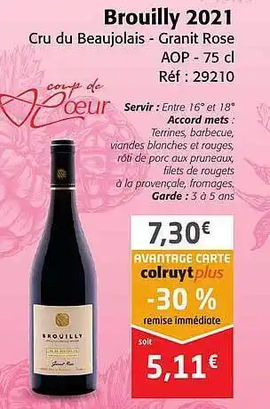 Colruyt Brouilly 2021 cru du beaujolais - granit rose aop offre