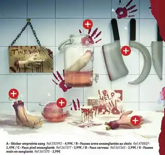 Gifi Sticker empreinte sang, fausse arme ensanglantée au choix, faux pied ensanglanté, faux cerveau, fausse main en sanglanté offre