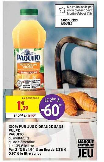 Intermarché Express 100% pur jus d'orange sans pulpe paquito offre
