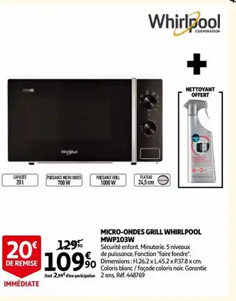 Micro-ondes grill whirlpool mwp103w
