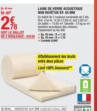 Laine de Verre Acoustique Non Revêtue 45mm