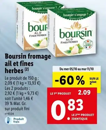 Lidl Boursin Fromage Ail Et Fines Herbes offre