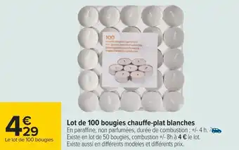 Carrefour Lot de 100 bougies chauffe-plat blanches offre