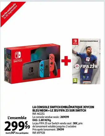 Auchan La console switch emblématique joycon bleu neon + le jeu fifa 23 sur switch offre