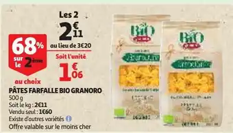 Auchan Supermarché Pâtes farfalle bio granoro offre