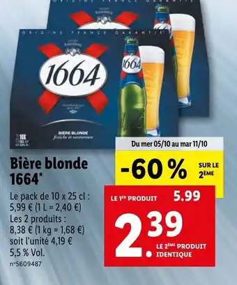 Lidl Bière blonde 1664 offre