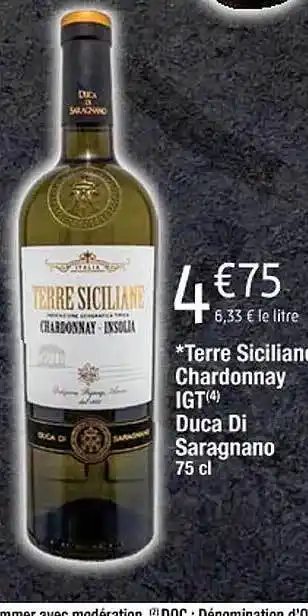 Cora x Carrefour Terre siciliane chardonnay igt duca di saragnano offre