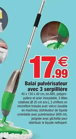 Bazarland Balai pulvérisateur avec 3 serpillière offre