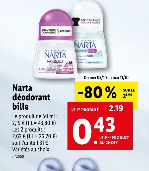 Promo NARTA déodorant bille chez Lidl