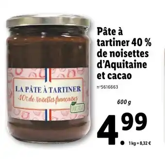 Lidl Pâte à tartiner 40% de noisettes d'aquitaine et cacao offre