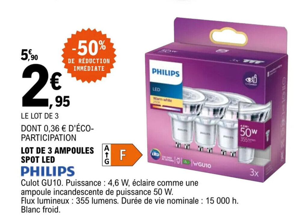 Promo Lot de 3 ampoules spot led PHILIPS chez E.Leclerc