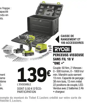 E.Leclerc Brico Ryobi Perceuse-Visseur Sans Fil 18V One+ offre