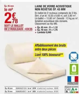 Brico Dépôt Laine de verre acoustique non revêtue offre