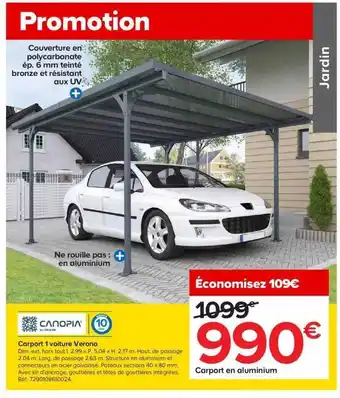 Carport 1 voiture verona en aluminium canopia