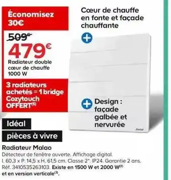 Radiateur double cœur de chauffe 1000w malao
