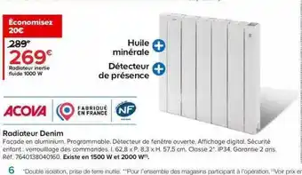 Radiateur inertie fluide 1000w denim acova