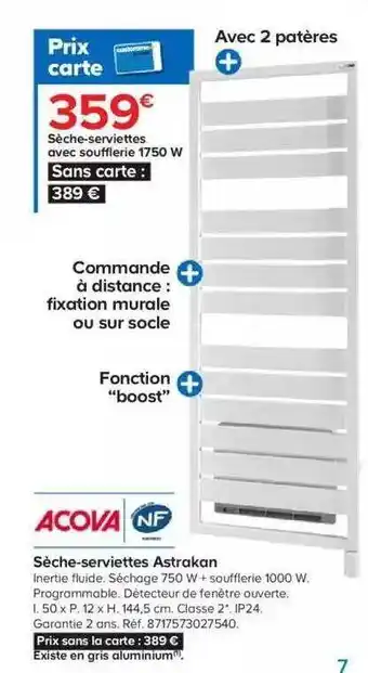 Castorama Sèche-serviettes avec soufflerie 1750w astrakan acova offre