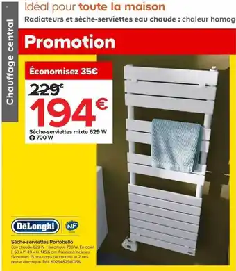 Sèche-serviettes mixte 629w + 700w portobello dëlonghi