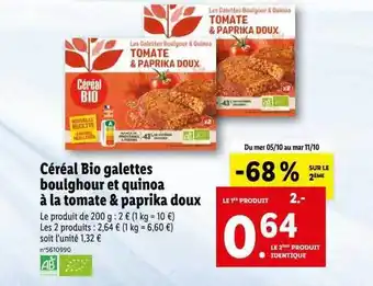 Lidl Céréal bio galettes boulghour et quinoa à la tomate & paprika doux offre
