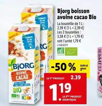 Lidl Bjorg boisson avoine cacao bio offre
