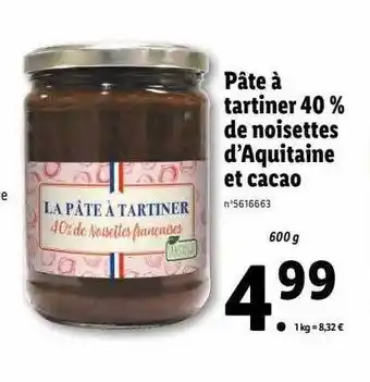 Lidl Pâte à tartiner 40% de noisettes d'aquitaine et cacao offre