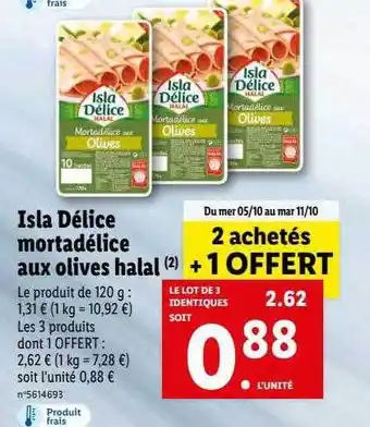 Lidl Isla délice mortadélice aux olives halal offre