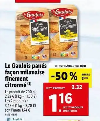 Lidl Le gaulois panés façon milanaise finement citronné offre