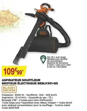 Bricomarché Aspirateur souffleur broyeur électrique beblv301-qs black + decker offre
