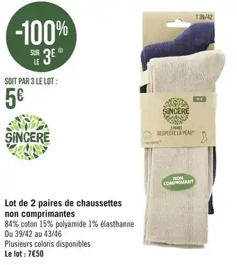 Géant Casino Sincere lot de 2 paires de chaussettes non comprimantes offre