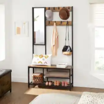 Conforama Vasagle portemanteau, vestiaire, meuble d'entrée, avec crochets, miroir, étagères, banc, hauteur 185 cm, pour salon, cadre en offre