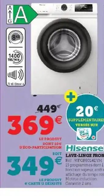 Hyper U Lave-linge frontal 8 kg hisense offre