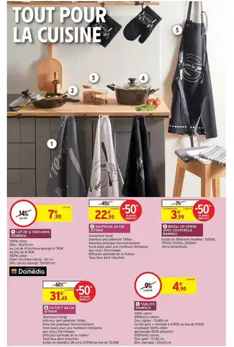 Intermarché Hyper Lot de 6 torchons domédia, sauteuse 24 cm sitram, bocal en verre avec couvercle bambou, faitout 24 cm sitram, tablier domédia offre