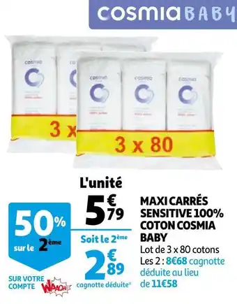 Auchan Cosmia baby maxi carrés sensitive 100% coton cosmia baby offre
