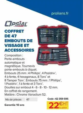 Prolians Coffret de 47 embouts de vissage et accessoires optial offre