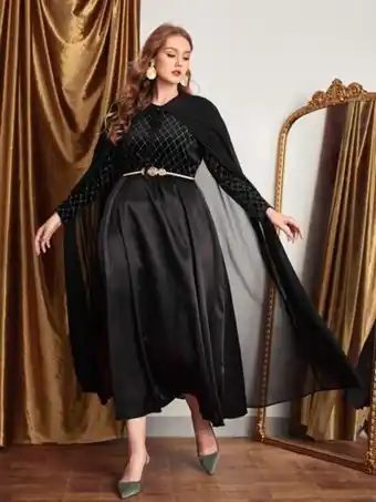 SheIn Shein robe de soirée à strass à motif losange ceinturée avec cape offre