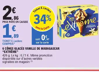 E.Leclerc 6 Cones Glacés Vanille De Madagascar "Extréme" offre