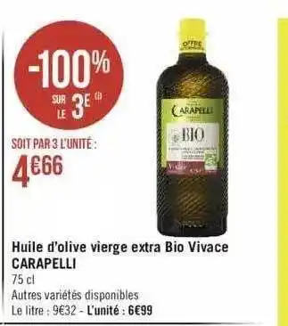Géant Casino Huile d'olive vierge extra bio vivace carapelli offre