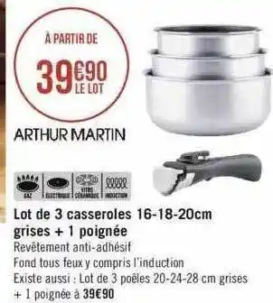 Lot de 3 casseroles 16-18-20 cm grises + 1 poignée arthur martin