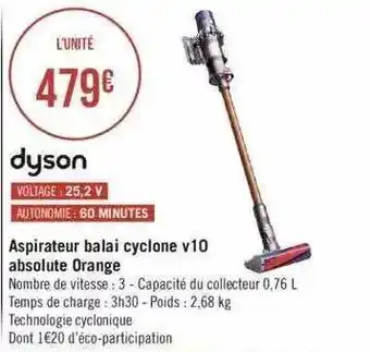 Géant Casino Aspirateur balai cyclone v10 absolute orange dyson offre