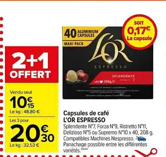 Carrefour Market Capsules de café l'or espresso offre