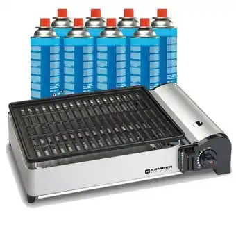 Kemper - barbecue portable grill à gaz de table 1.9 kw grille anti adhesive +8 cartouches